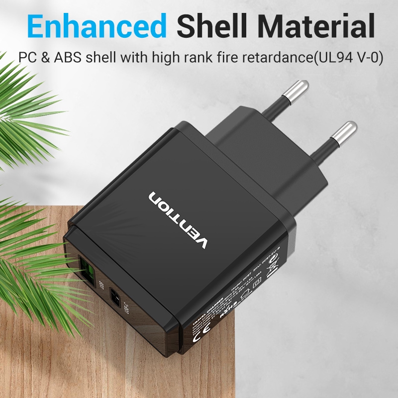 Củ Sạc Tường Vention Chuẩn Phích Cắm EU Hai Cổng Usb QC 3.0 / PD 3.0 Sạc USB 18W / 20W