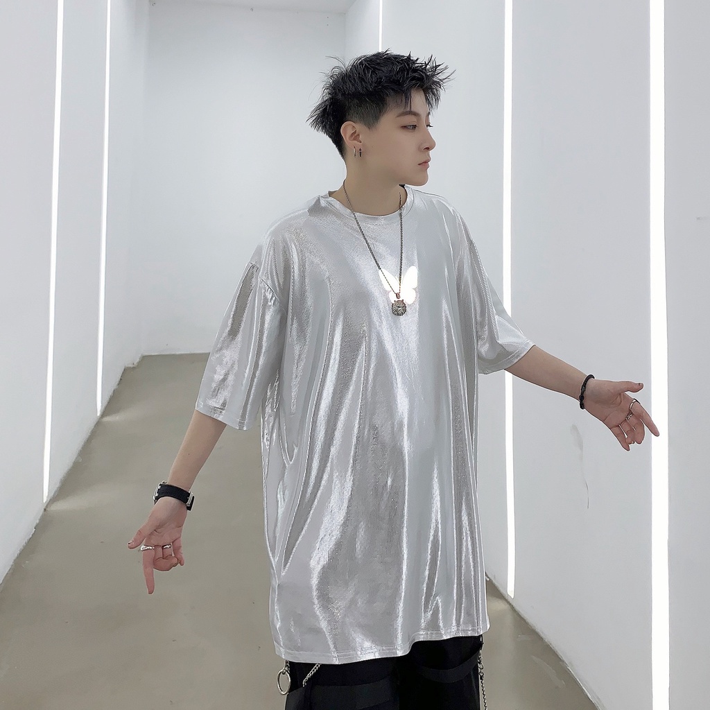 Áo Thun Tay Ngắn Cổ Tròn Đính Kim Sa Phản Quang Phong Cách Hàn Quốc Thời Trang Mùa Hè Cho Nam Giới 5 Màu Lựa Chọn