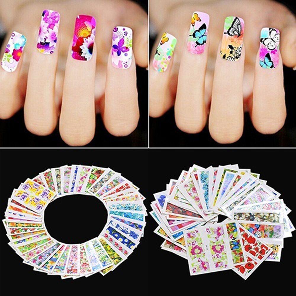 Set 50 Tấm Nhãn Dán Acrylic Hình Xăm Họa Tiết Hoa Trang Trí Móng Tay Tạm Thời DIY