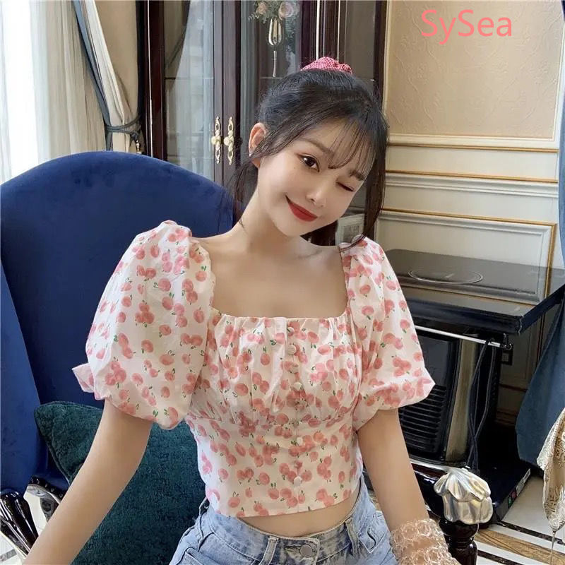Áo kiểu croptop tay ngắn thắt nơ phía sau họa tiết hoa xinh xắn dành cho nữ