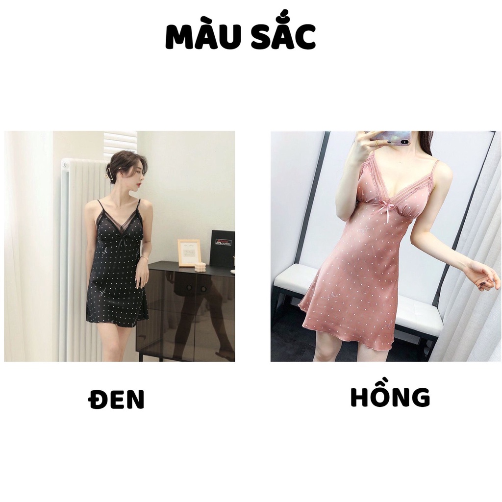 Váy Ngủ Nữ - Váy Ngủ Nữ Hai Dây chấm bi nhỏ phối ren ngực kèm họa tiết nơ MÃ V02