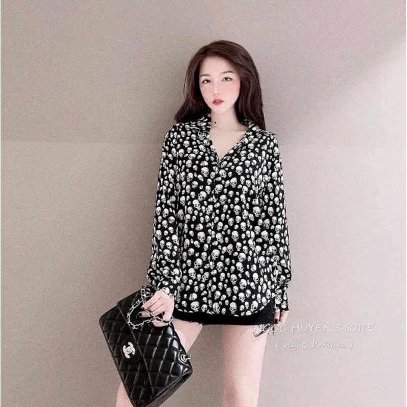 Áo sơ mi hoạ tiết đầu lâu chất vải Kate hàng y hình ( size dưới 53kg)