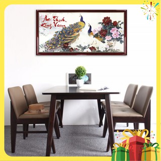 Tranh tết ép gỗ treo tường Thư pháp An khang Thịnh vượng Khổng tước Mẫu đơn TT1509