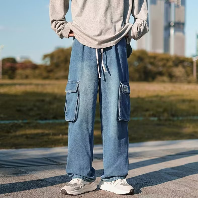 Quần Jean Dài Oversize Chống Mài Mòn Phối Túi Lớn Phong Cách hip hop Đường Phố Hàn Quốc Cho Nam Size S-3XL