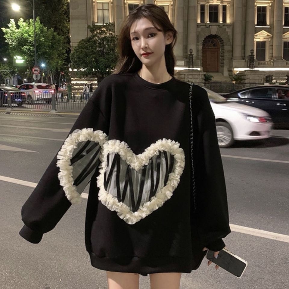 Áo sweater cổ tròn tay dài dáng rộng màu đen phong cách Hàn Quốc thời trang thu đông cho nữ 2021