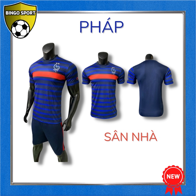 Quần Áo Bóng Đá Thun Lạnh 4 Chiều Logo Thêu Nổi Tuyển PHÁP Sân Nhà Xanh, Khách Trắng, Đen BINGO SPORT