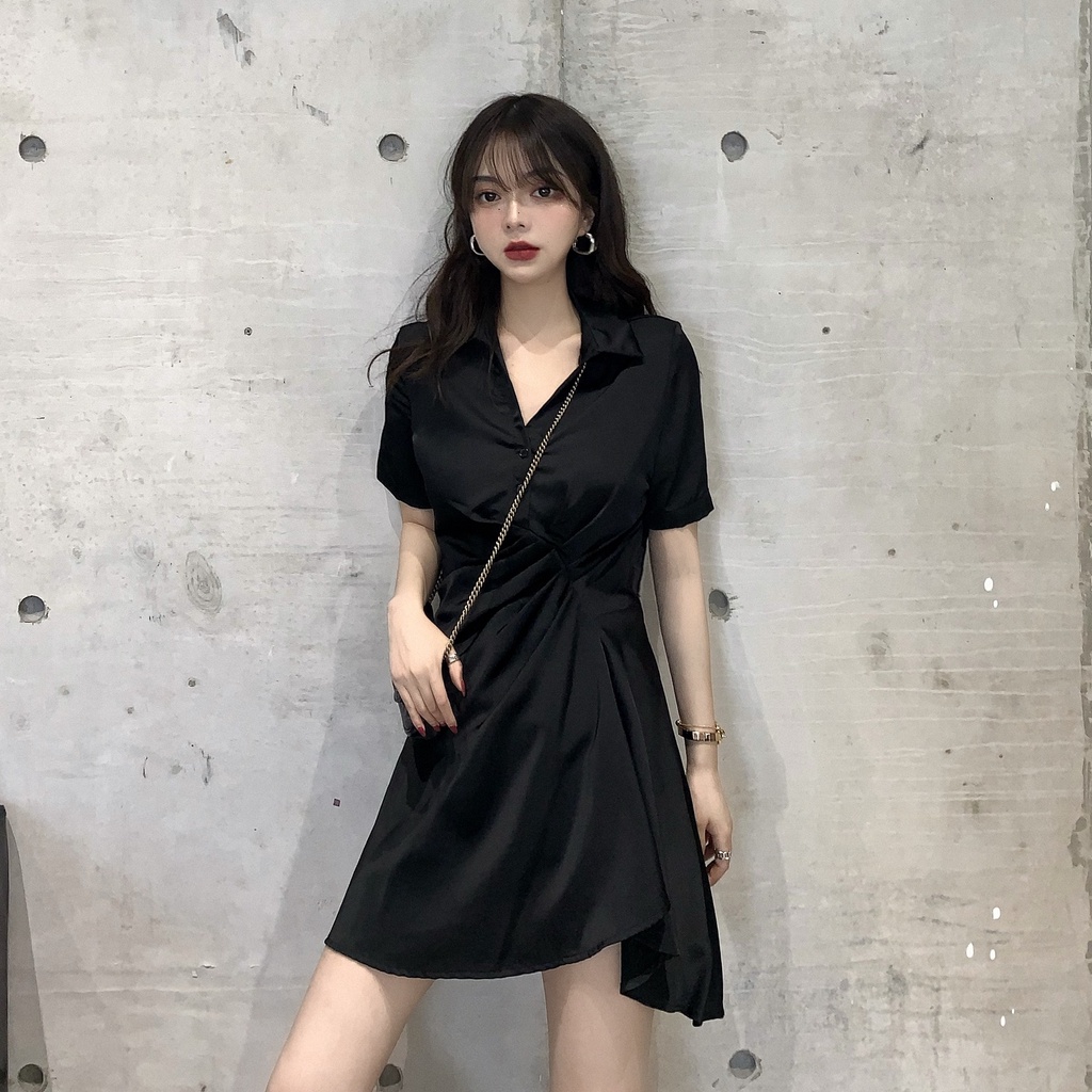 Đầm Chữ A Cổ Polo Màu Đen Phong Cách Hàn Quốc Thời Trang Cho Nữ