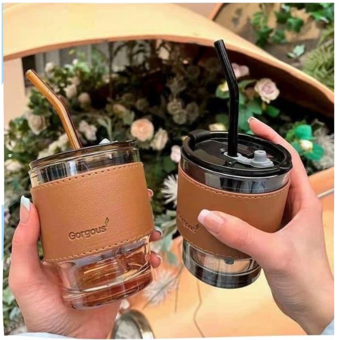 Cốc, ly thủy tinh bọc da 450ml kèm ống hút, chống bỏng chống rò rỉ cách nhiệt tốt