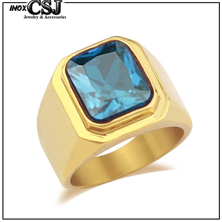 NHẪN NAM INOX MẠ VÀNG TRƠN ĐÁ XANH NƯỚC BIỂN siêu đẹp - tặng hộp đựng xinh xắn