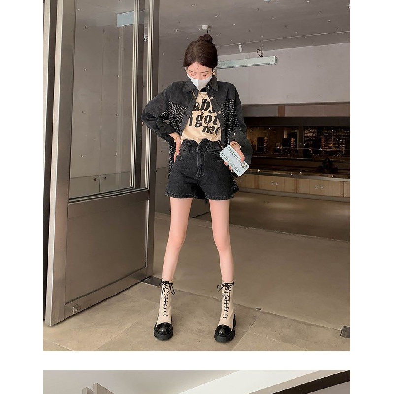 Giày Bốt martin Da Bò Gót Thấp Buộc Dây Phối Màu Đen Trắng Dễ Thương