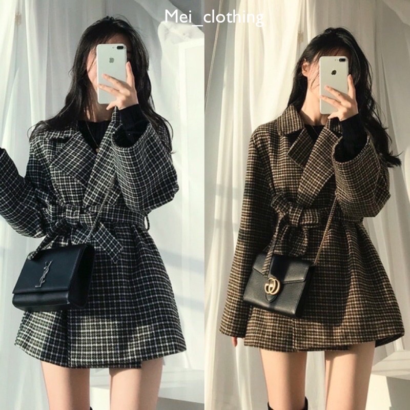 Áo dạ kẻ răng sói 2 lớp kèm đai phong cách Hàn Quốc trendy