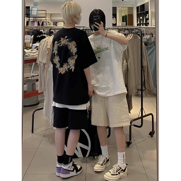 Bộ Thun Cộc Tay Thiên Thần🌸 Set đồ mặc hè form rộng, quần short kèm áo phông Đen/ Trắng hình cá tính Ulzzang 🌸