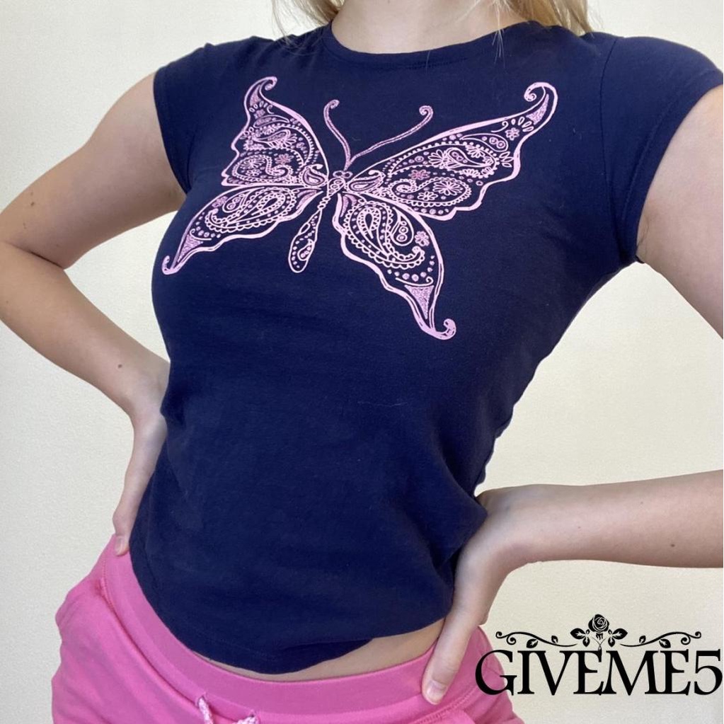 GIVEME-Women’s Casual Short Sleeve T-shirt Vintage Printing Round Neck Exposed Navel Slim Fit Tops