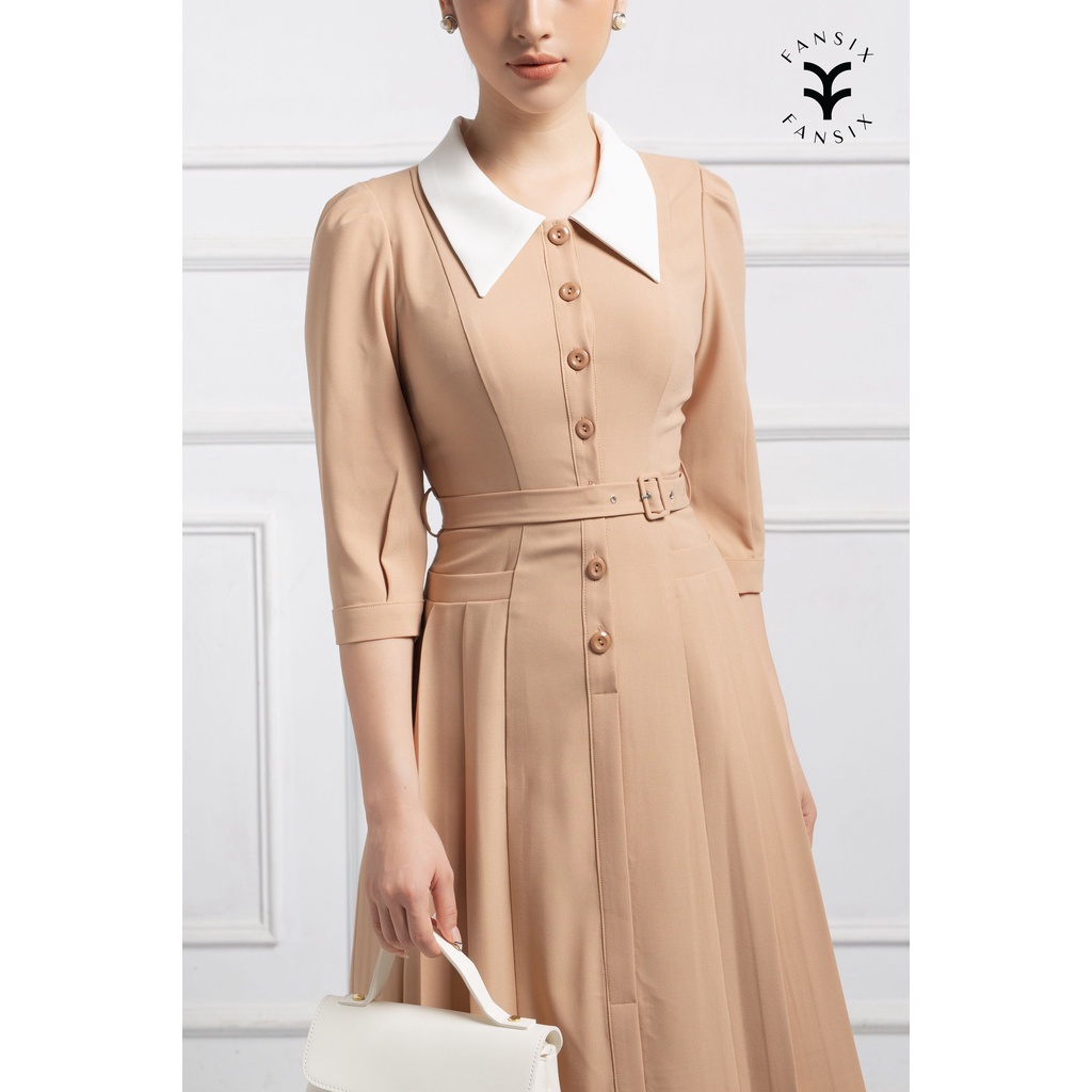 Đầm chữ A tay lỡ phối cổ sơ mi FANSIX - DL17 thiết kế tay bồng, vải mango dày dặn, 2 màu sang chảnh kèm đai. | BigBuy360 - bigbuy360.vn
