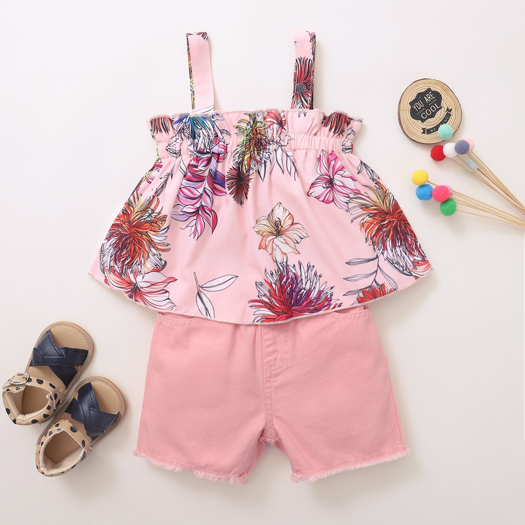 Set đồ 2 món Mikrdoo gồm áo hai dây in hoa và quần ngắn dễ thương mùa hè cho bé gái
