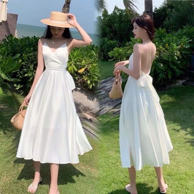 Đầm trắng maxi hai dây nơ lưng siêu sexy siêu sang chảnh | BigBuy360 - bigbuy360.vn