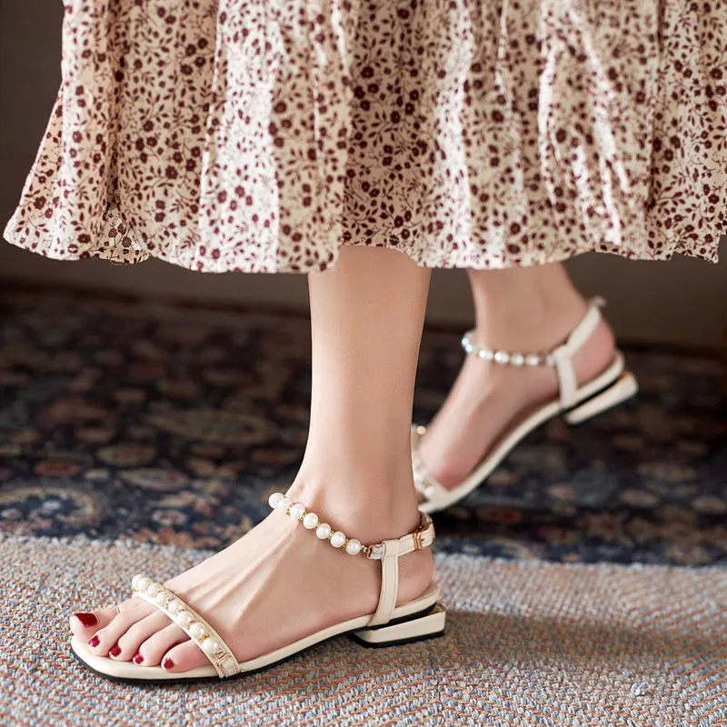 Giày sandal MURIOKI quai đính hạt ngọc trai nhân tạo phong cách thời trang