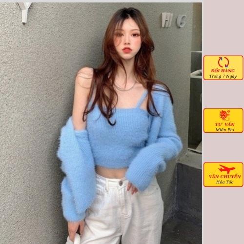 Set áo cardigan len nữ lông thỏ kèm áo 2 dây ulzzang Hàn Quốc mùa thu đông