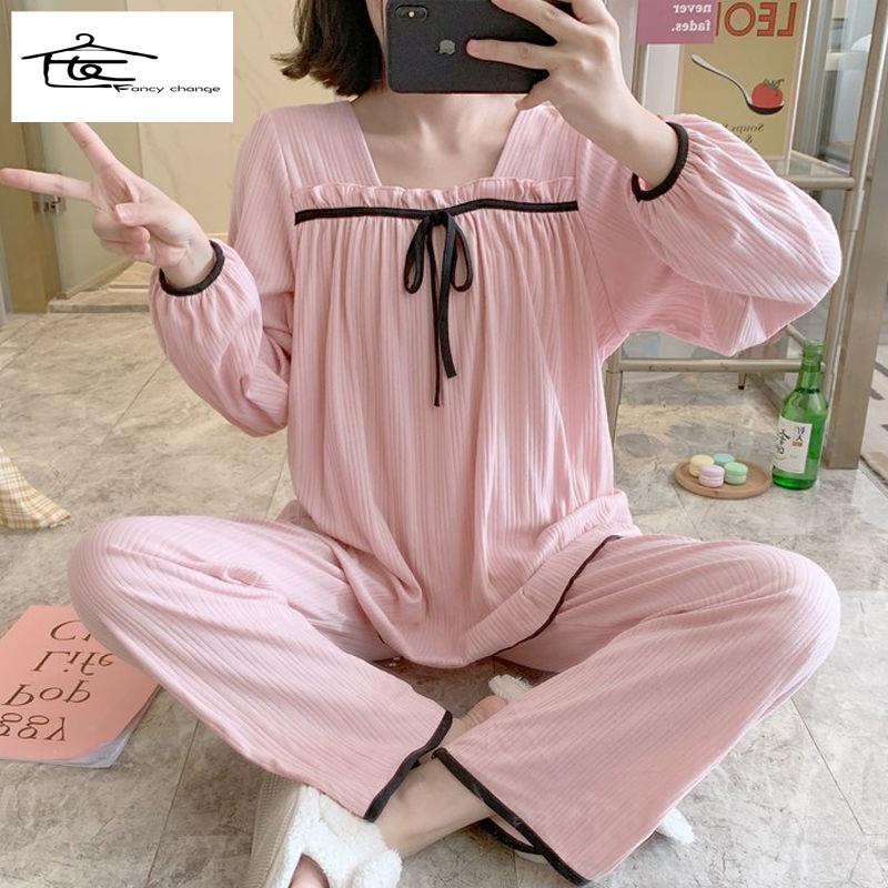 Bộ đồ ngủ dài tay cho nữ thiết kế đơn giản xinh xắn thời trang xuân thu