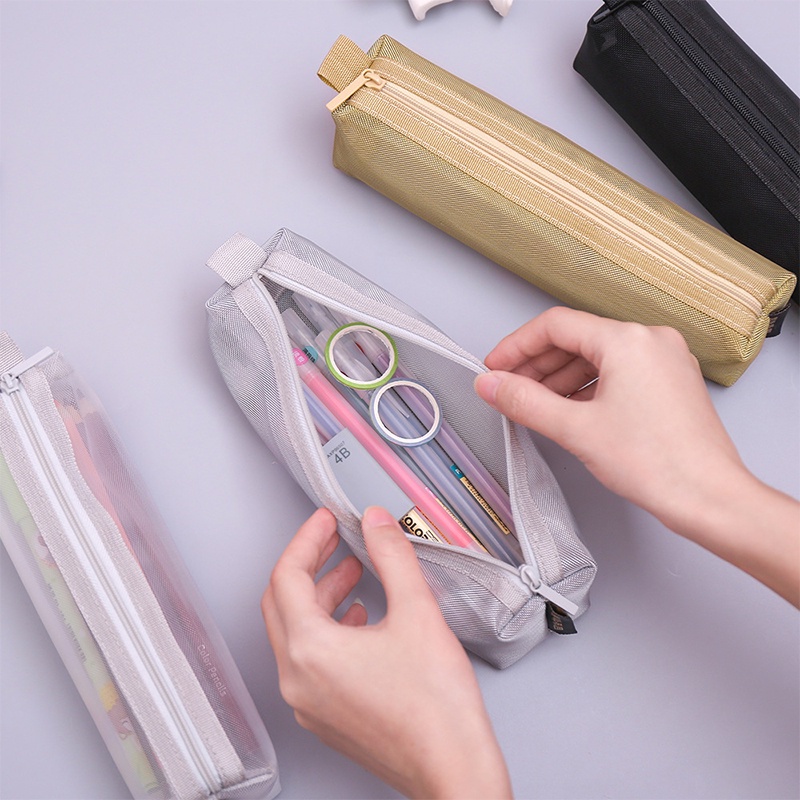 Túi Đựng Bút Bằng Nylon Trong Suốt Dạng Lưới Phong Cách Hàn Quốc Ốp