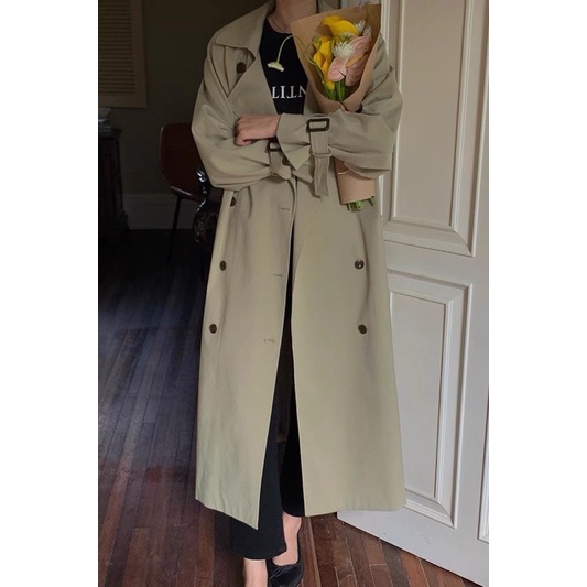Phong cách Hàn Quốc kiểu Anh ren-up trench coat dành cho phụ nữ mùa thu 2021 áo khoác dài.