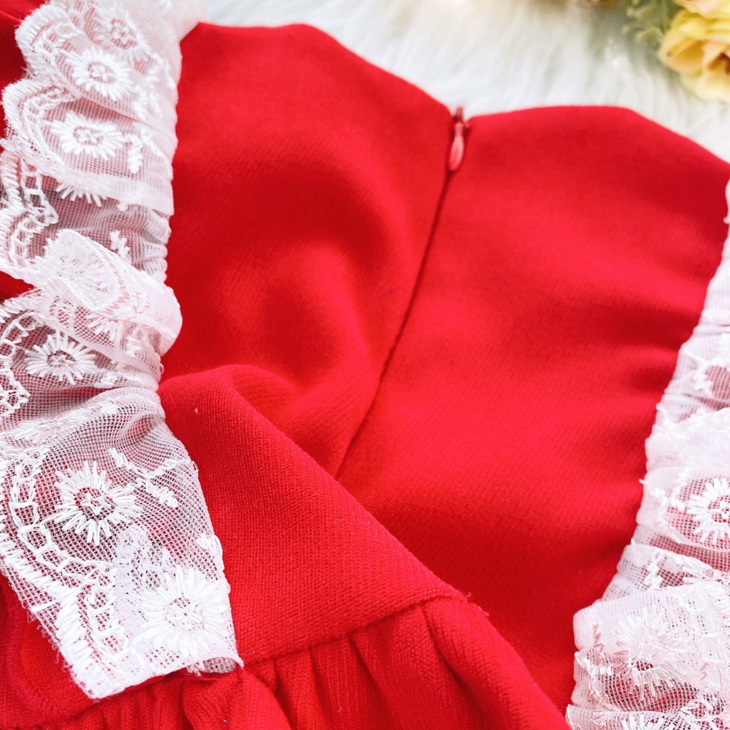 Váy Nhung Đỏ Phối Nơ Ren Tết Cho Bé Gái MINTSCLOSET Size 0-4 Tuổi - GV0019