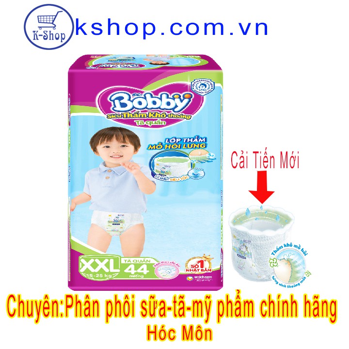 Tã quần Bobby XXL44 miếng( trên 16kg)- ĐỆM LƯNG THẤM MỒ HÔI+ Tặng