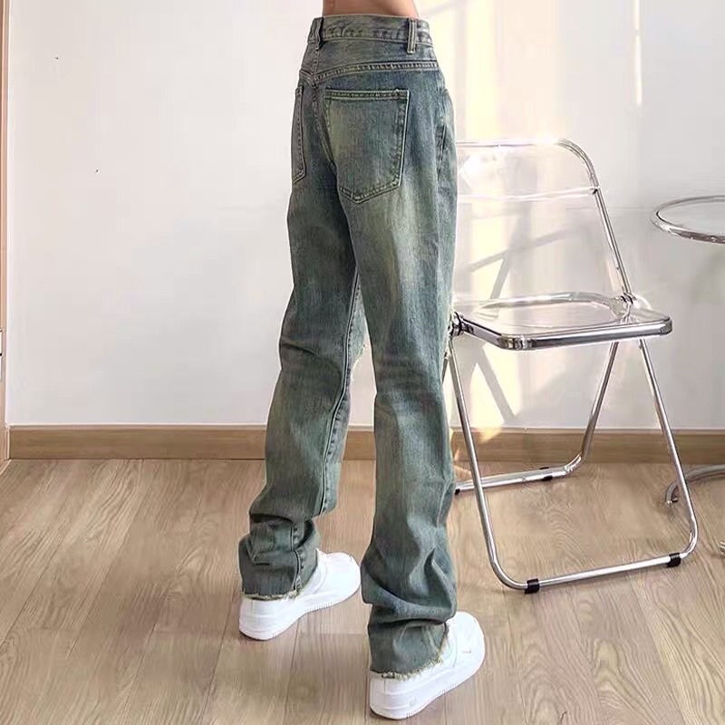 Quần bò jeans ống rộng suông rách tua rua vân màu xanh vintage bụi bặm hiphop unisex siêu chất ❤️