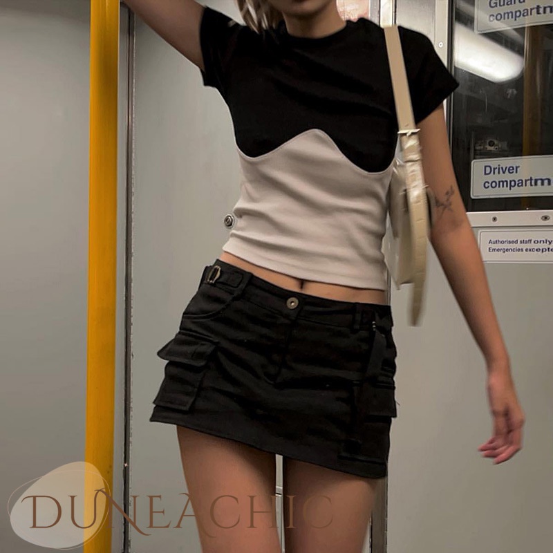 DUNEA Áo thun lửng tay ngắn cổ tròn màu tương phản quyến rũ thời trang dành cho nữ