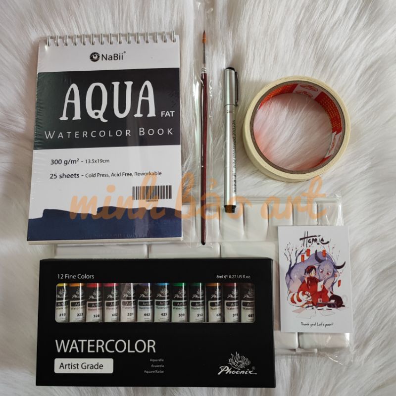 HOLIC WATERCOLOR SET (6 MÓN NHẬP MÔN MÀU NƯỚC TIẾT KIỆM - MÀU HỌA SĨ-SỔ NABII-CỌ HOLIC-KHAY PHA MÀU-BÚT LINE-CHẶN MÀU)