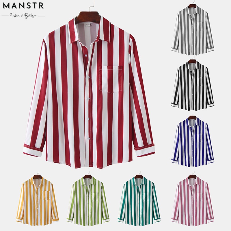 Áo Sơ Mi Kẻ Sọc Tay Dài Dáng Rộng Cài Khuy Phối Túi Plus Size Đen / Xám / Đỏ / Xanh Hoàng Gia / Xanh Lá / Hồng / Xanh Lá 2022 Cho Nam