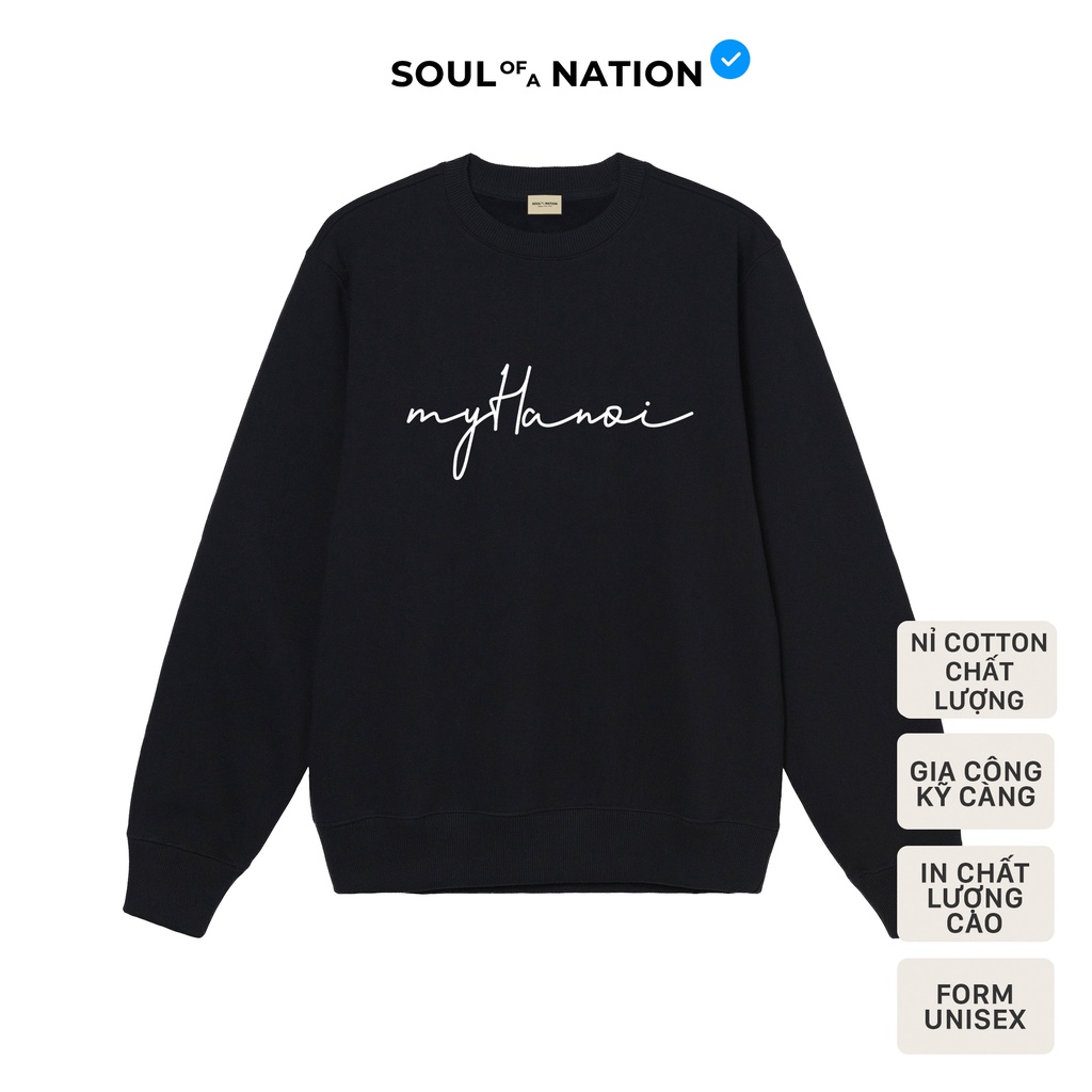 Sweater unisex In chữ đen cao cấp MY HANOI form basic vải nỉ bông / chân cua cotton SOUL OF A NATION - Đen / Trắng