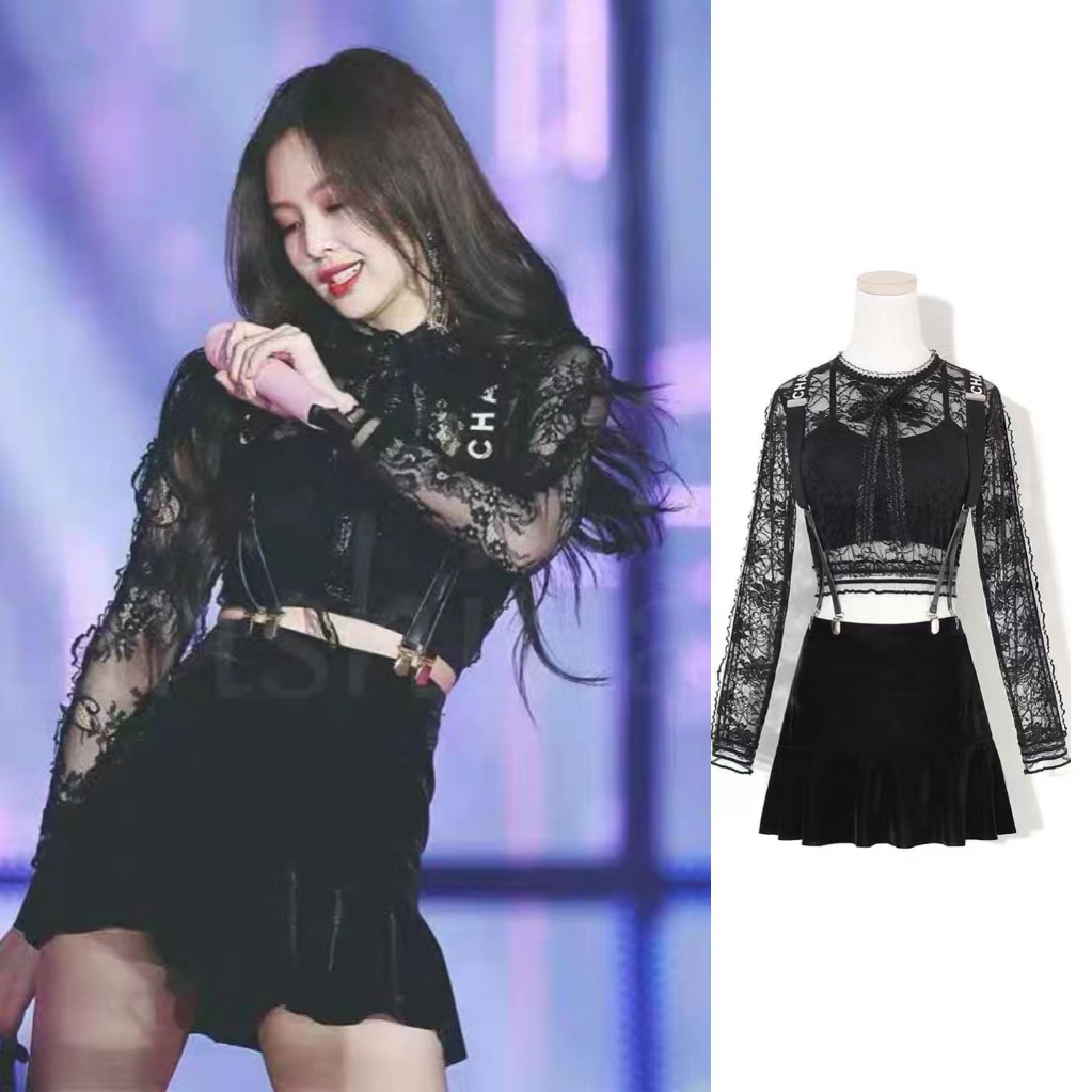 Jennie blackpink Áo Nữ Phối Ren + Chân Váy Phong Cách Nhạc jazz