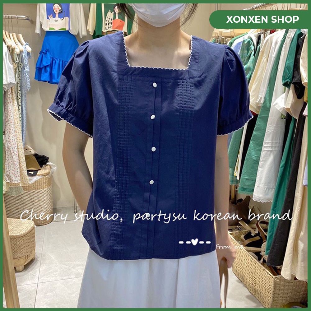 Áo kiểu tay phồng áo kiểu nữ cổ vuông viền trắng XONXEN SHOP QUY NHƠN freesize mã s538