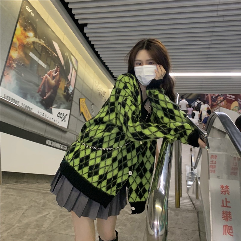 Áo Khoác Cardigan Dệt Kim Tay Dài Dáng Rộng Họa Tiết Kim Cương Thời Trang Hàn Quốc | BigBuy360 - bigbuy360.vn