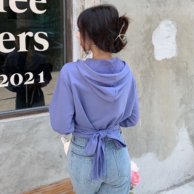 Áo hoodie lửng tay dài cổ chữ V phong cách Hàn Quốc
