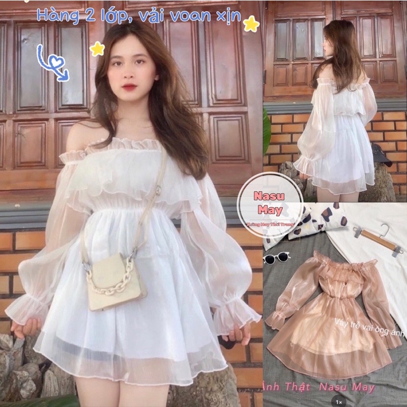 Áo Trễ Vai ÓNG ÁNH Bèo Tầng Tiểu Thư Nữ Trắng Hồng 2 lớp sexy Nasu May