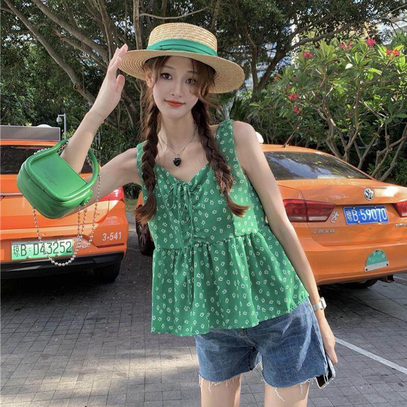 Áo Hai Dây Cổ Chữ V In Hoa Màu Xanh Lá Phong Cách Hàn Quốc Thời Trang Cho Nữ