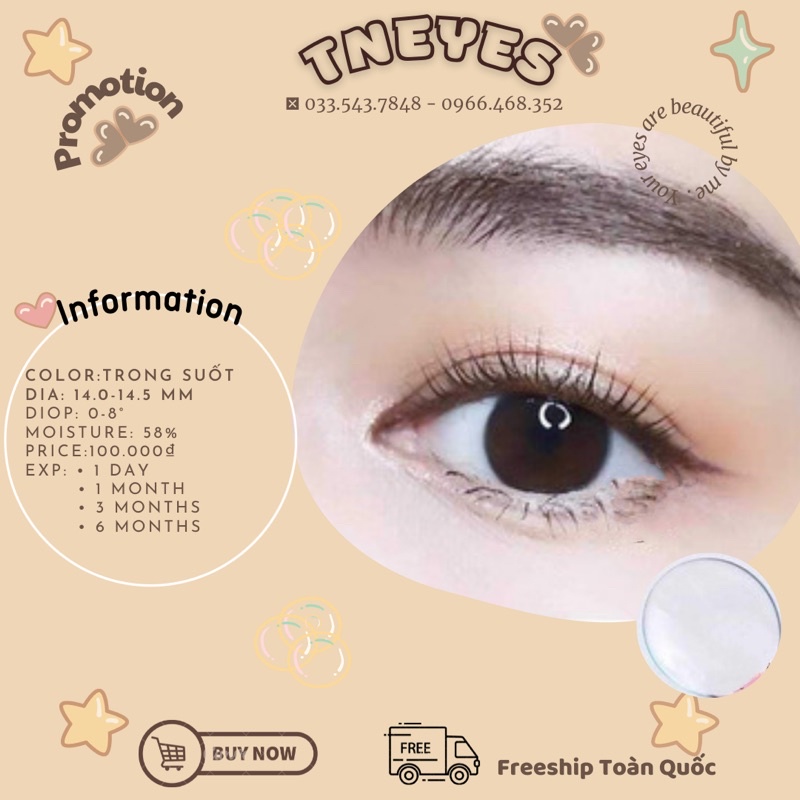Lens Kính Áp Tròng Trong Suốt cao cấp chất liệu Silicone Hydrogel từ 1-8 độ TNEYES