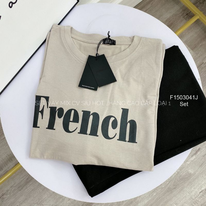 Set áo thun chữ French tay ngắn chân váy xẻ đen 1503