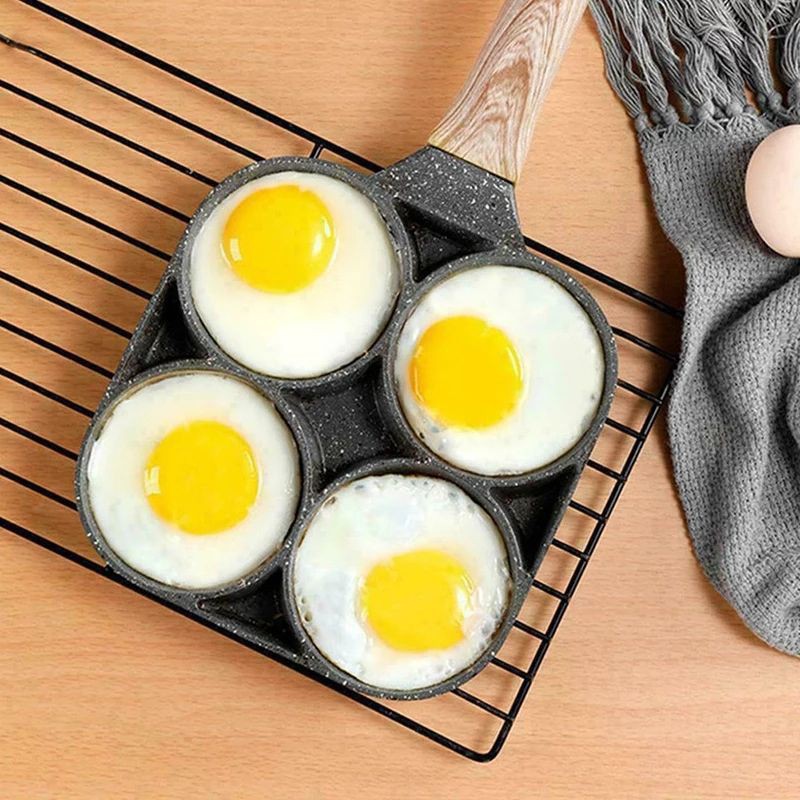 Khuôn chảo chiên trứng – Khuôn chảo làm bánh – 4 ngăn, chống dính, tiện lợi, tay cầm gỗ cách nhiệt