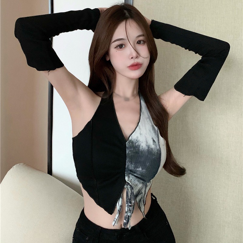 Áo croptop không tay hở vai có dây rút và găng tay dành cho nữ
