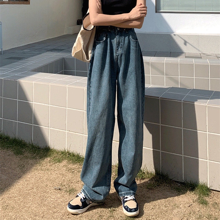 Quần Jean Ống Rộng Lưng Cao Màu Xanh Dương 2022 Thời Trang Xuân Thu Phong Cách Mới Cho Nữ