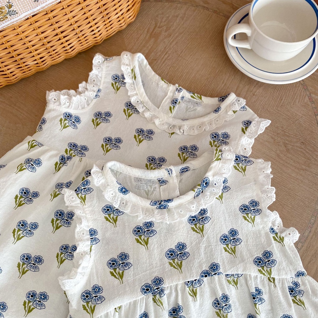 Bộ Áo Liền Quần Sát Nách Vải cotton Phối Ren Hoa Dễ Thương Cho Bé Gái