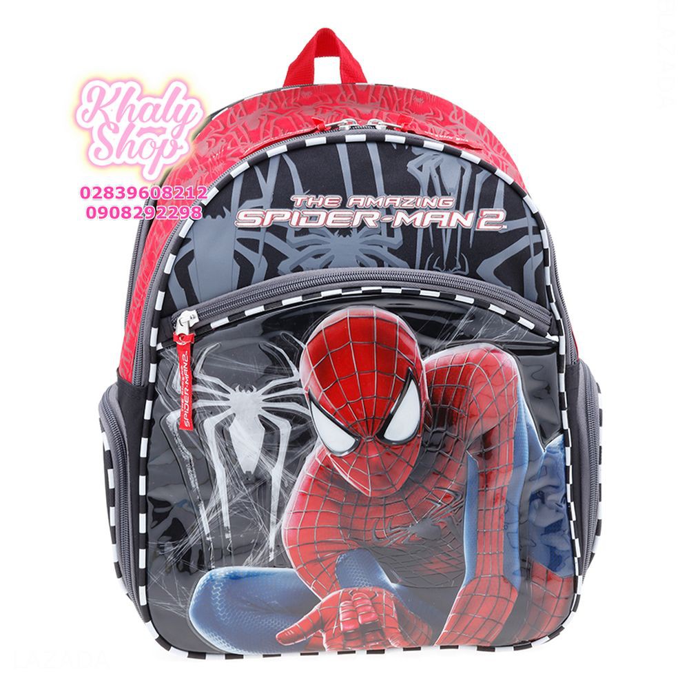 Balo trẻ em 15'' hình người nhện Spiderman viền sọc trắng đen màu đỏ đen dành cho học sinh ,bé trai - BLSP15DD (30x13x38