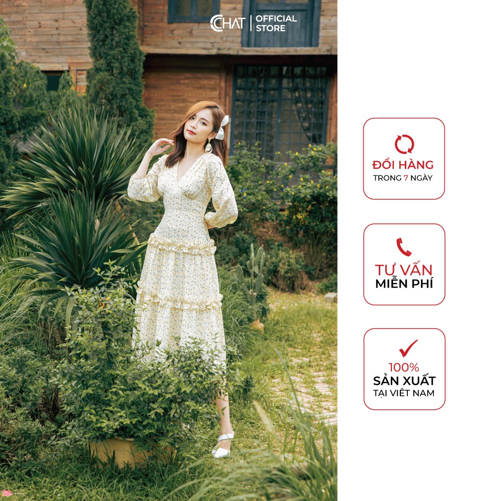 CCHAT Váy cổ V xếp li vai, 2 tầng