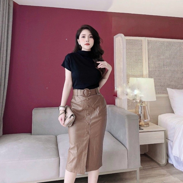 Chân váy da kèm đai dáng ôm đính cúc trước chất da cao cấp cho cô nàng công sở