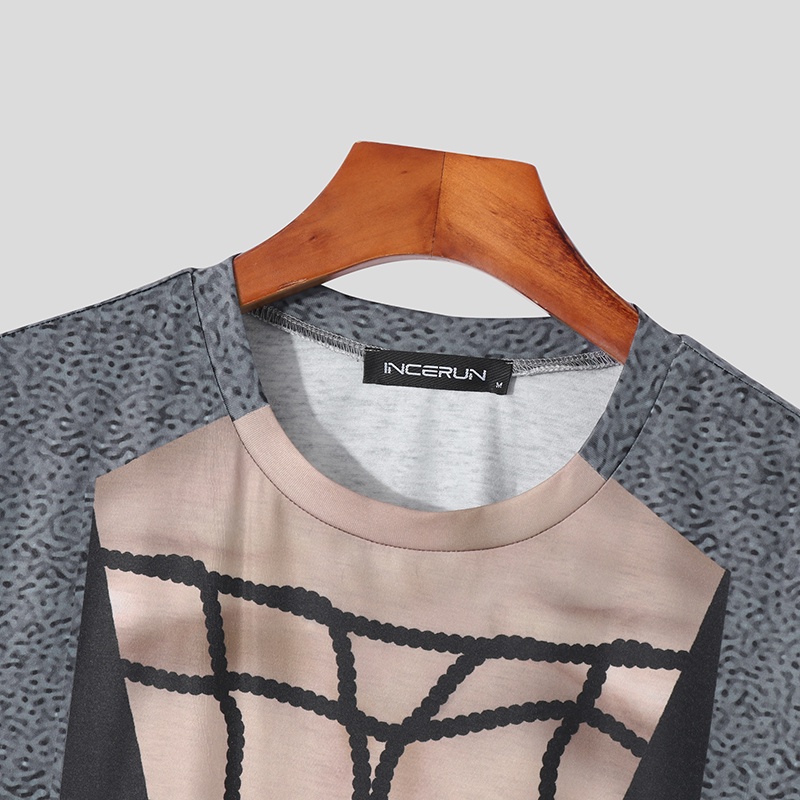 INCERUN Áo nam Ngắn Tay Cổ Tròn In Hình Thời Trang