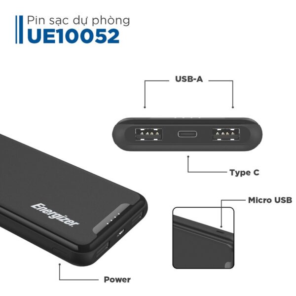[HÀNG CHÍNH HÃNG] Pin sạc dự phòng Energizer 10000mAh /3.7V Li-Polymer – UE10053 / UE10052BK - NK