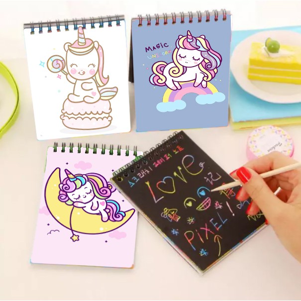 Sổ cào vẽ ngựa thần giấy đen SC15 unicorn 14cm *10 cm sổ cào cute dễ thương